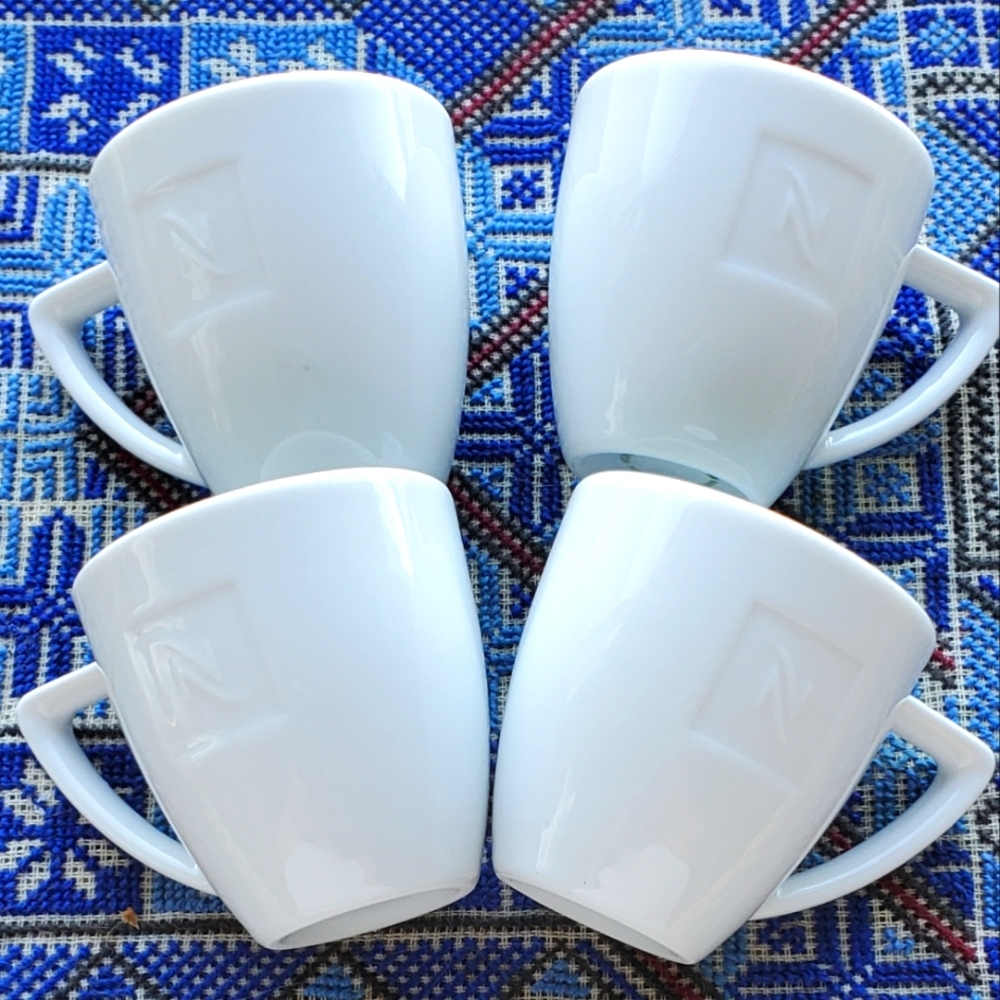 Set Of 4 Nespresso Demitasse Expresso White Mini Mugs Cups Embossed Logo